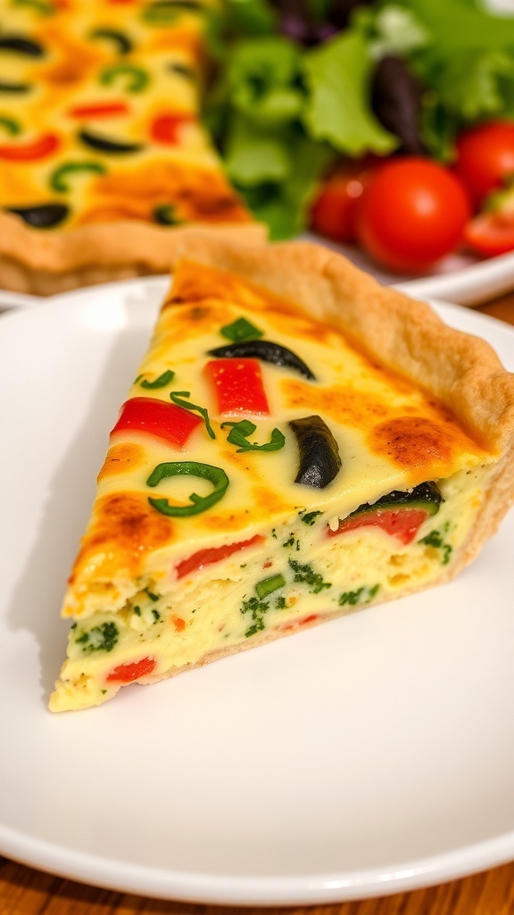A slice of savory quiche with a golden crust, filled with eggs, cheese, and vegetables, served with a side salad.